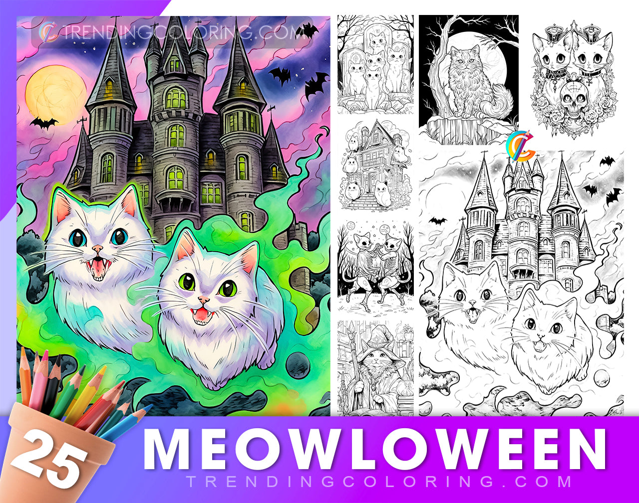 25 Meowloween Coloring Pages - Halloween Coloring - Instant Download - Printable PDF