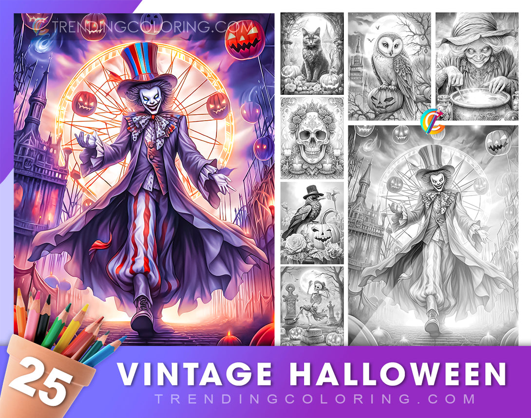25 Vintage Halloween Grayscale Coloring Pages