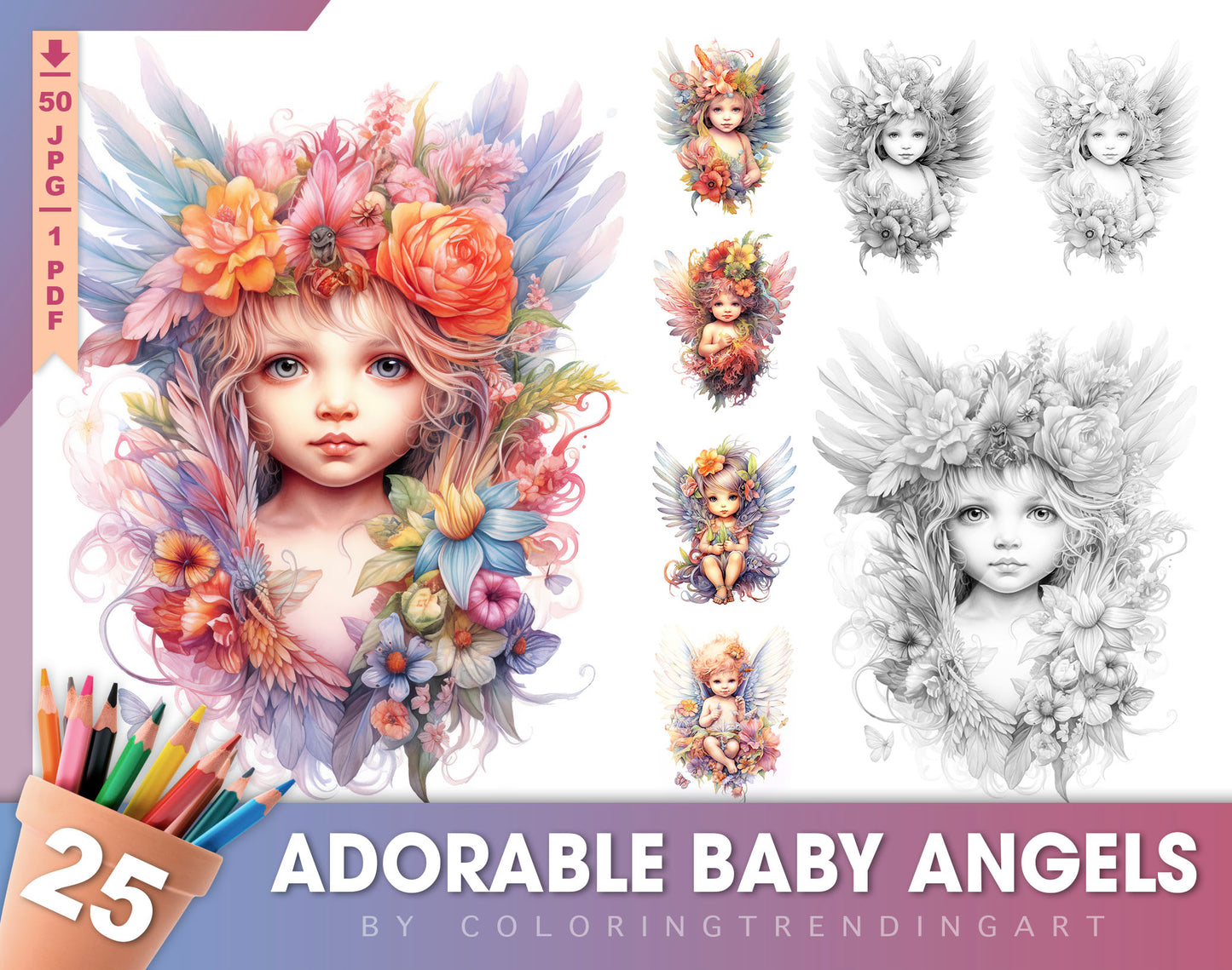 25 Adorable Baby Angels Grayscale Coloring Pages - Instant Download - Printable PDF