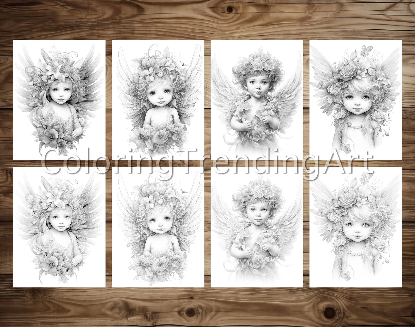 25 Adorable Baby Angels Grayscale Coloring Pages - Instant Download - Printable PDF – preview 3