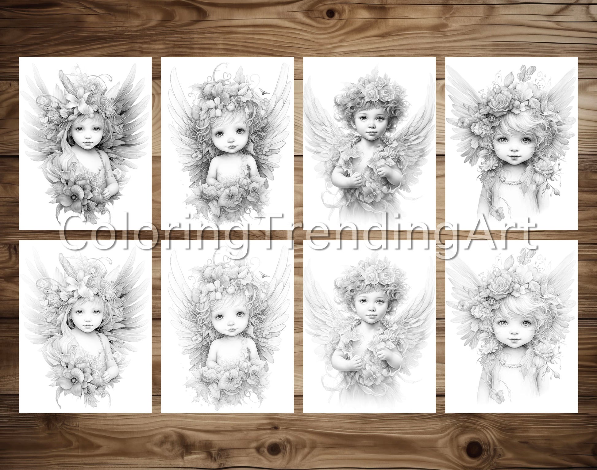 25 Adorable Baby Angels Grayscale Coloring Pages - Instant Download - Printable PDF – preview 3