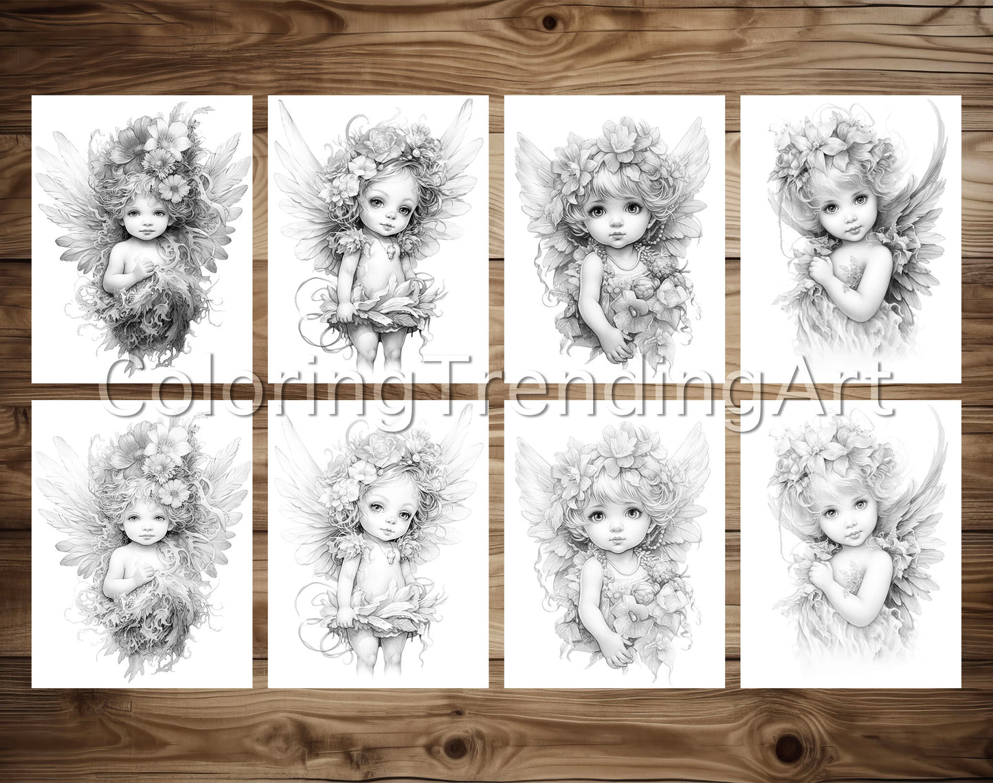 25 Adorable Baby Angels Grayscale Coloring Pages - Instant Download - Printable PDF – preview 4
