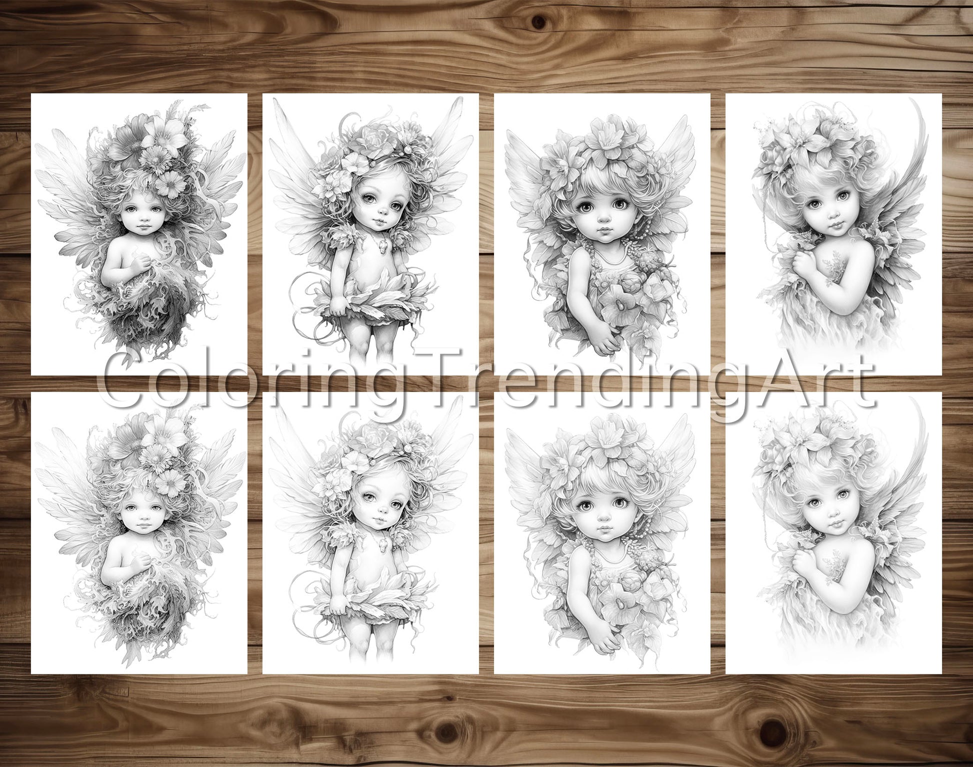 25 Adorable Baby Angels Grayscale Coloring Pages - Instant Download - Printable PDF – preview 4