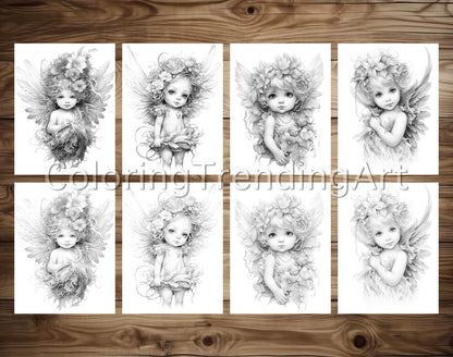 25 Adorable Baby Angels Grayscale Coloring Pages - Instant Download - Printable PDF – preview 4