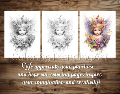 25 Adorable Baby Angels Grayscale Coloring Pages - Instant Download - Printable PDF – preview 5