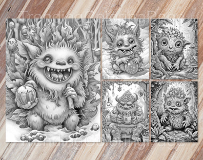 25 Adorable Creepy Monsters Grayscale Coloring Pages - Instant Download - Printable PDF – preview 10