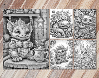 25 Adorable Creepy Monsters Grayscale Coloring Pages - Instant Download - Printable PDF – preview 8