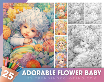 25 Adorable Flower Baby Grayscale Coloring Pages - Instant Download - Printable PDF Dark/Light