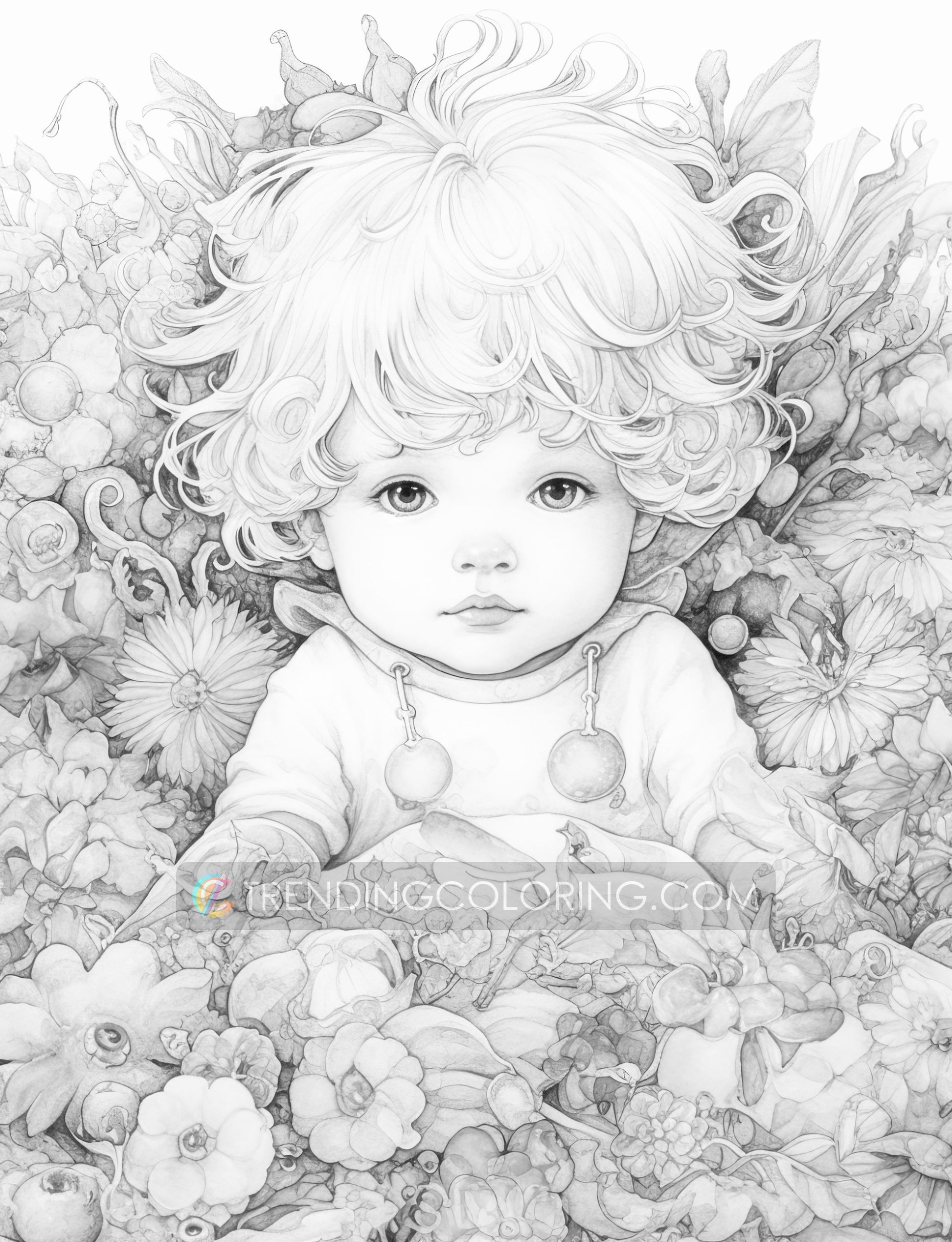 25 Adorable Flower Baby Grayscale Coloring Pages - Instant Download - Printable PDF Dark/Light – preview 10