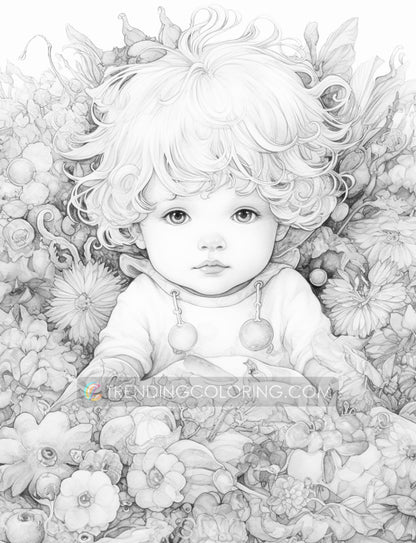 25 Adorable Flower Baby Grayscale Coloring Pages - Instant Download - Printable PDF Dark/Light – preview 10