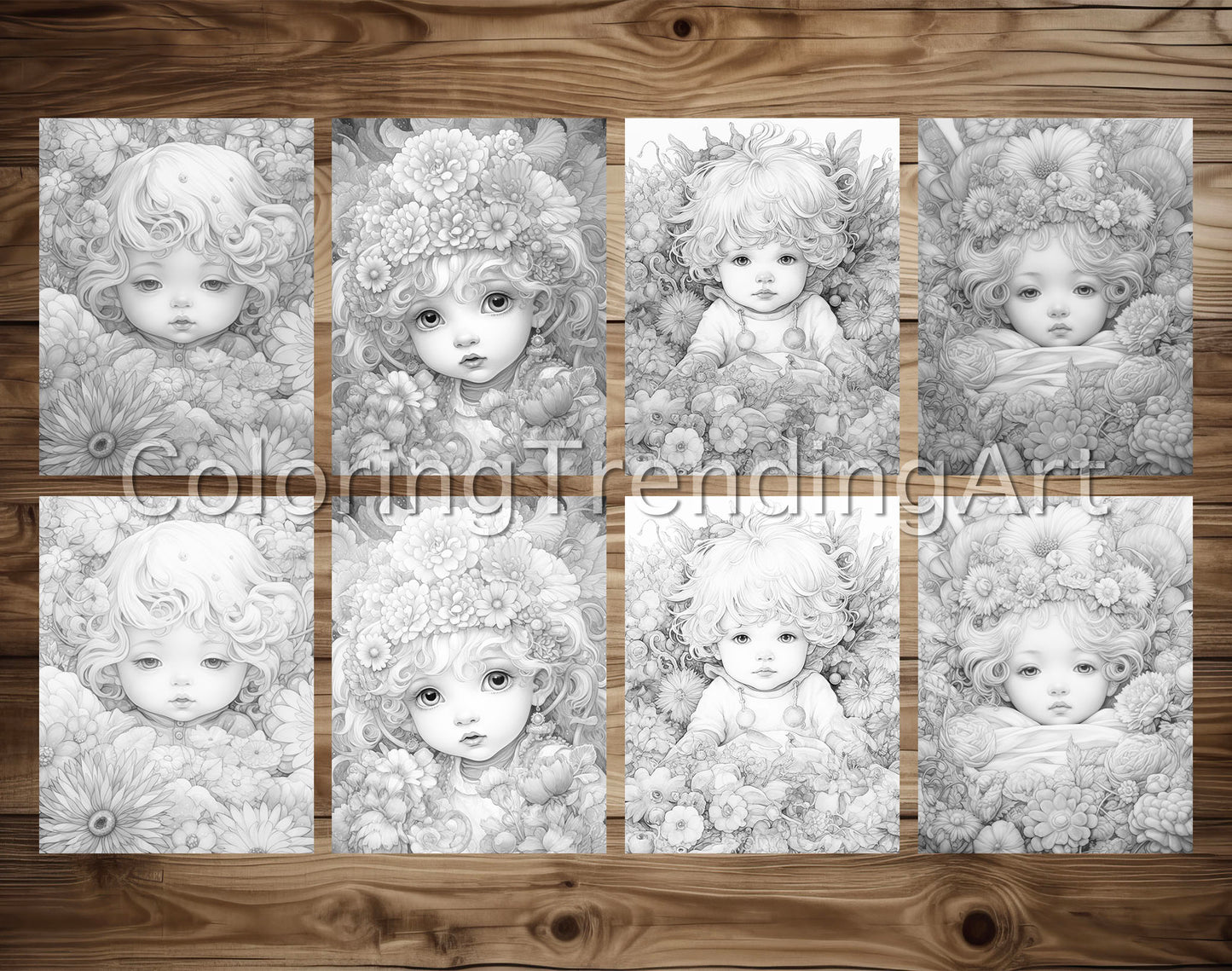 25 Adorable Flower Baby Grayscale Coloring Pages - Instant Download - Printable PDF Dark/Light – preview 3