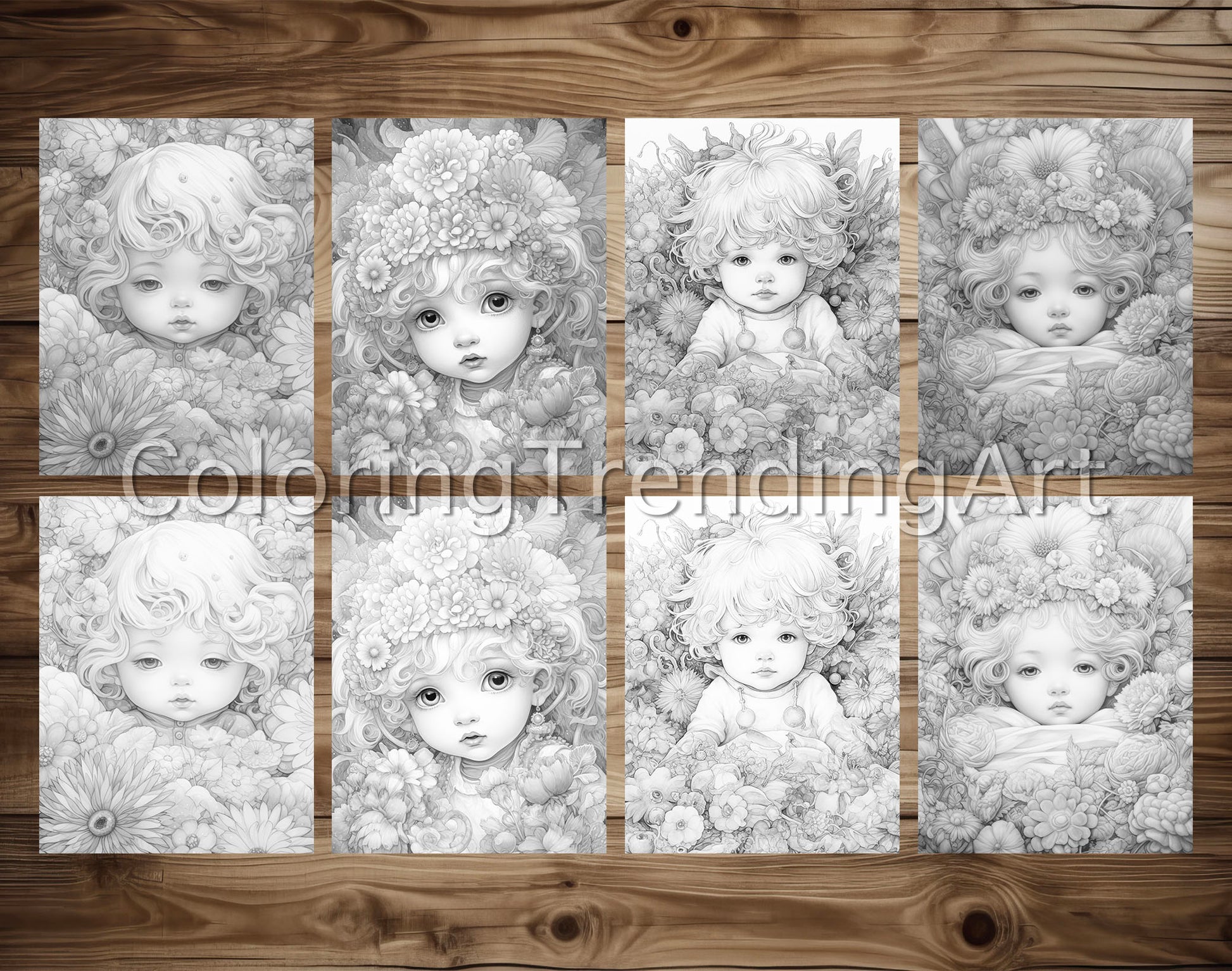 25 Adorable Flower Baby Grayscale Coloring Pages - Instant Download - Printable PDF Dark/Light – preview 3