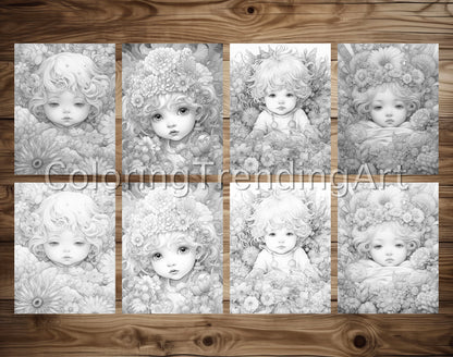 25 Adorable Flower Baby Grayscale Coloring Pages - Instant Download - Printable PDF Dark/Light – preview 3