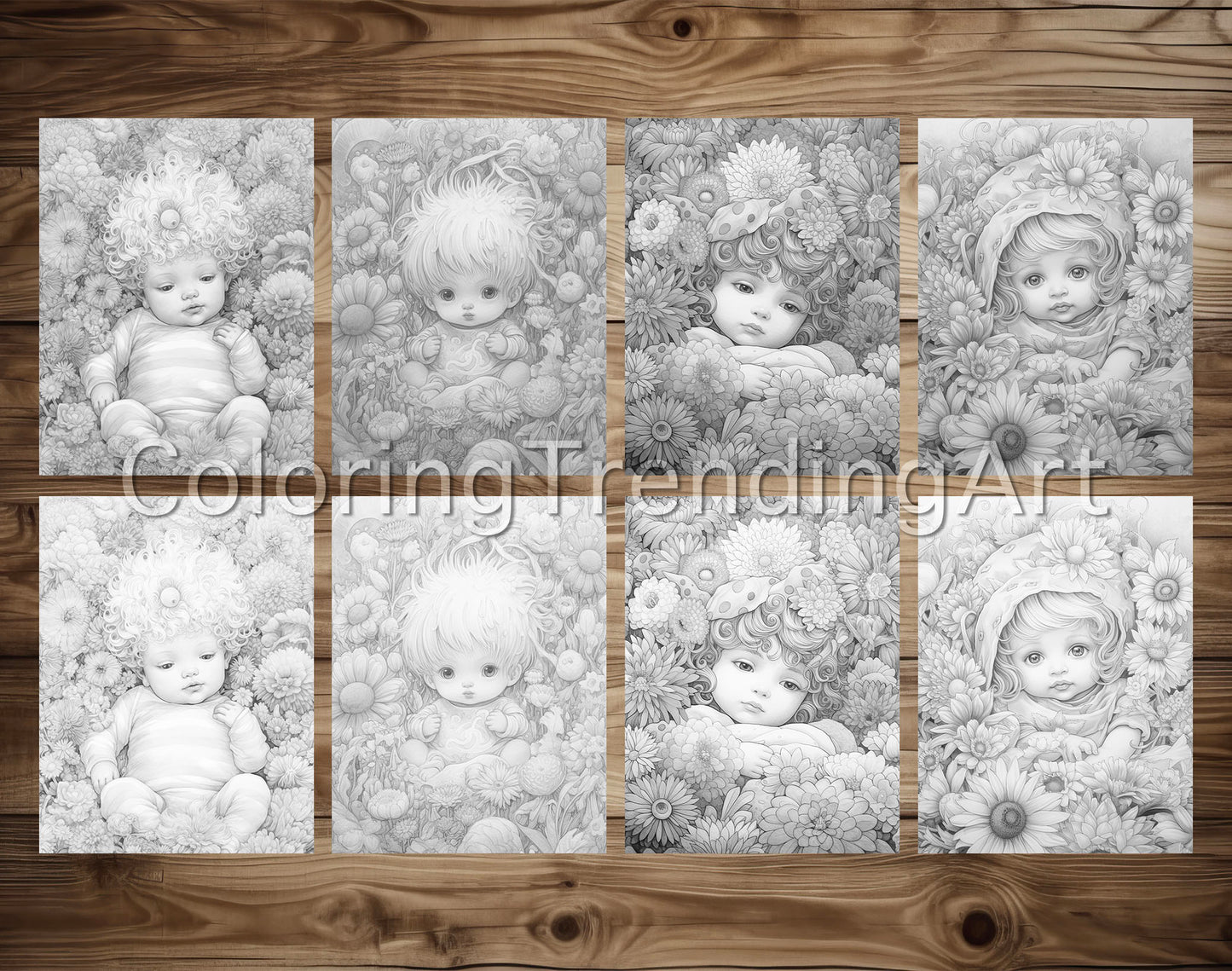 25 Adorable Flower Baby Grayscale Coloring Pages - Instant Download - Printable PDF Dark/Light – preview 4
