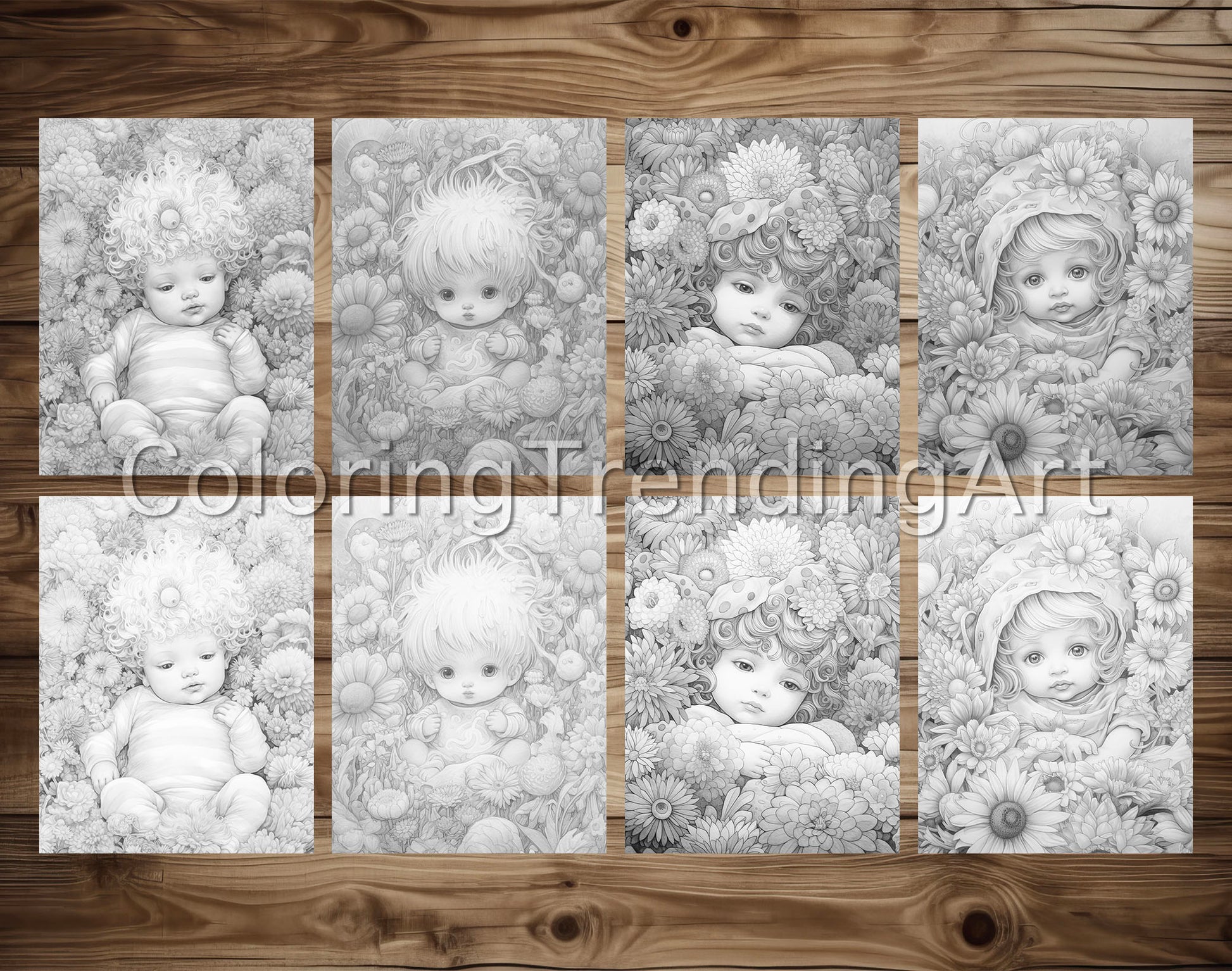 25 Adorable Flower Baby Grayscale Coloring Pages - Instant Download - Printable PDF Dark/Light – preview 4