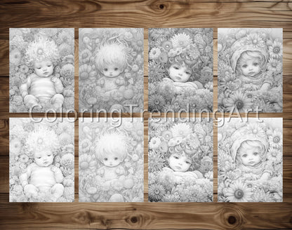25 Adorable Flower Baby Grayscale Coloring Pages - Instant Download - Printable PDF Dark/Light – preview 4