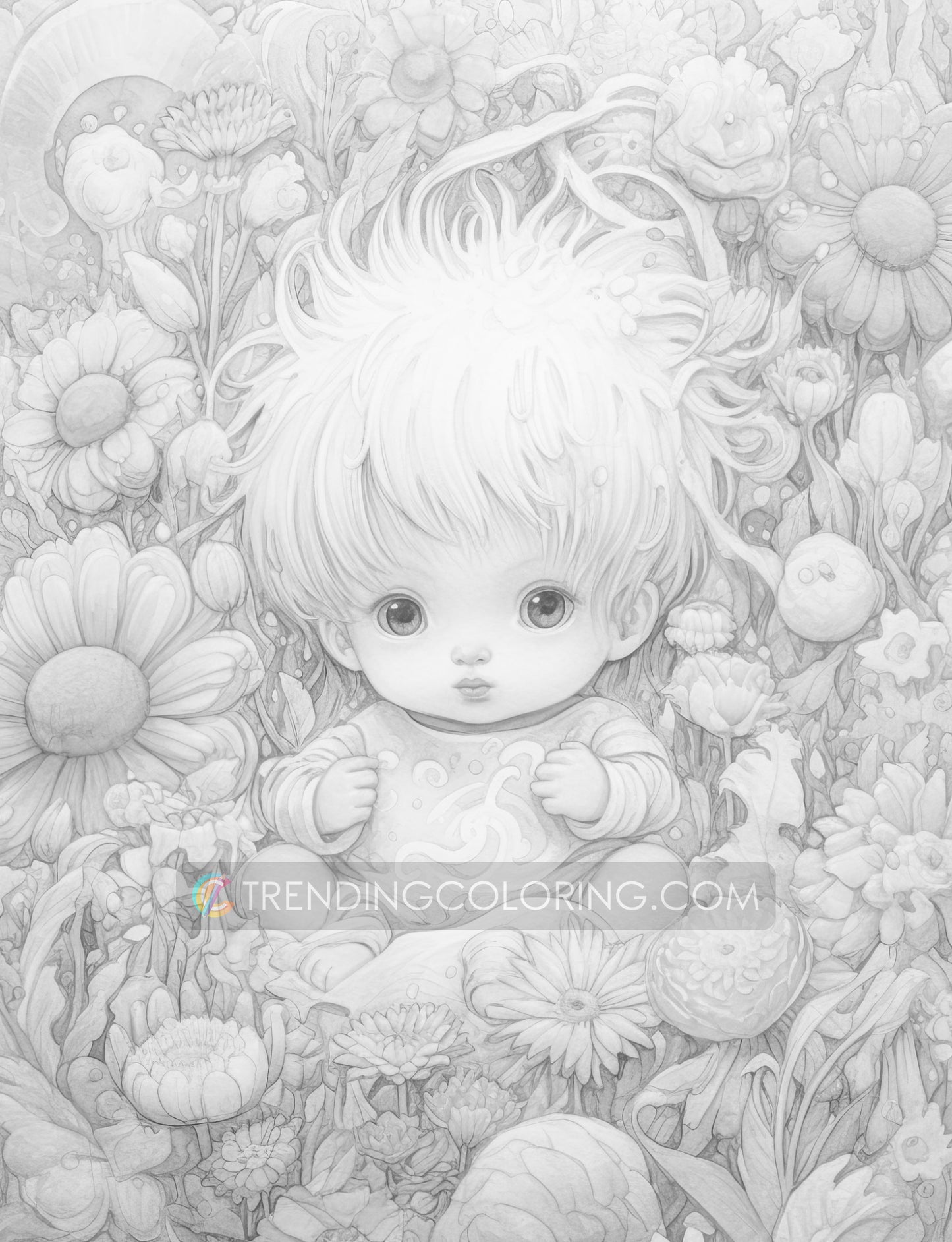 25 Adorable Flower Baby Grayscale Coloring Pages - Instant Download - Printable PDF Dark/Light – preview 5