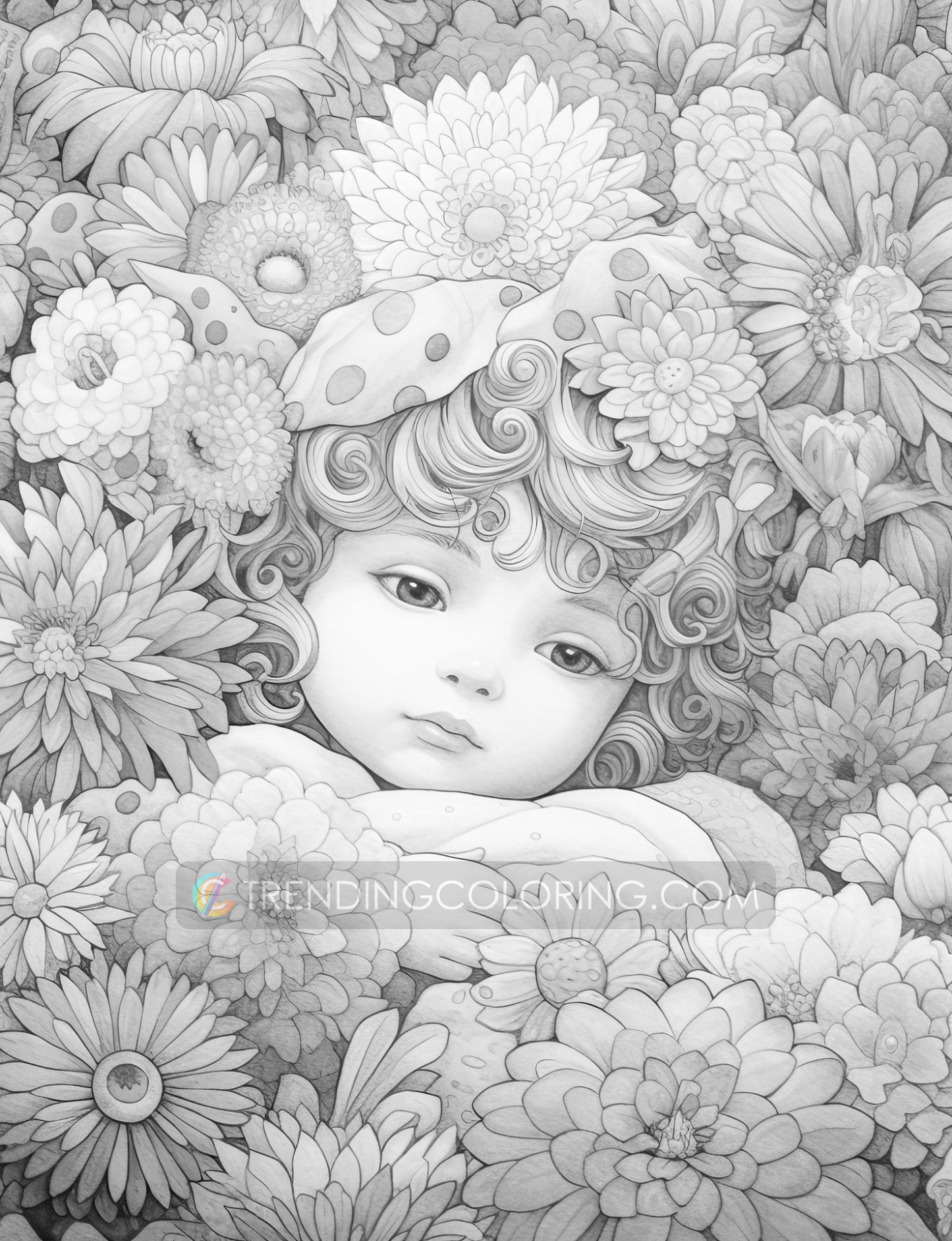 25 Adorable Flower Baby Grayscale Coloring Pages - Instant Download - Printable PDF Dark/Light – preview 6