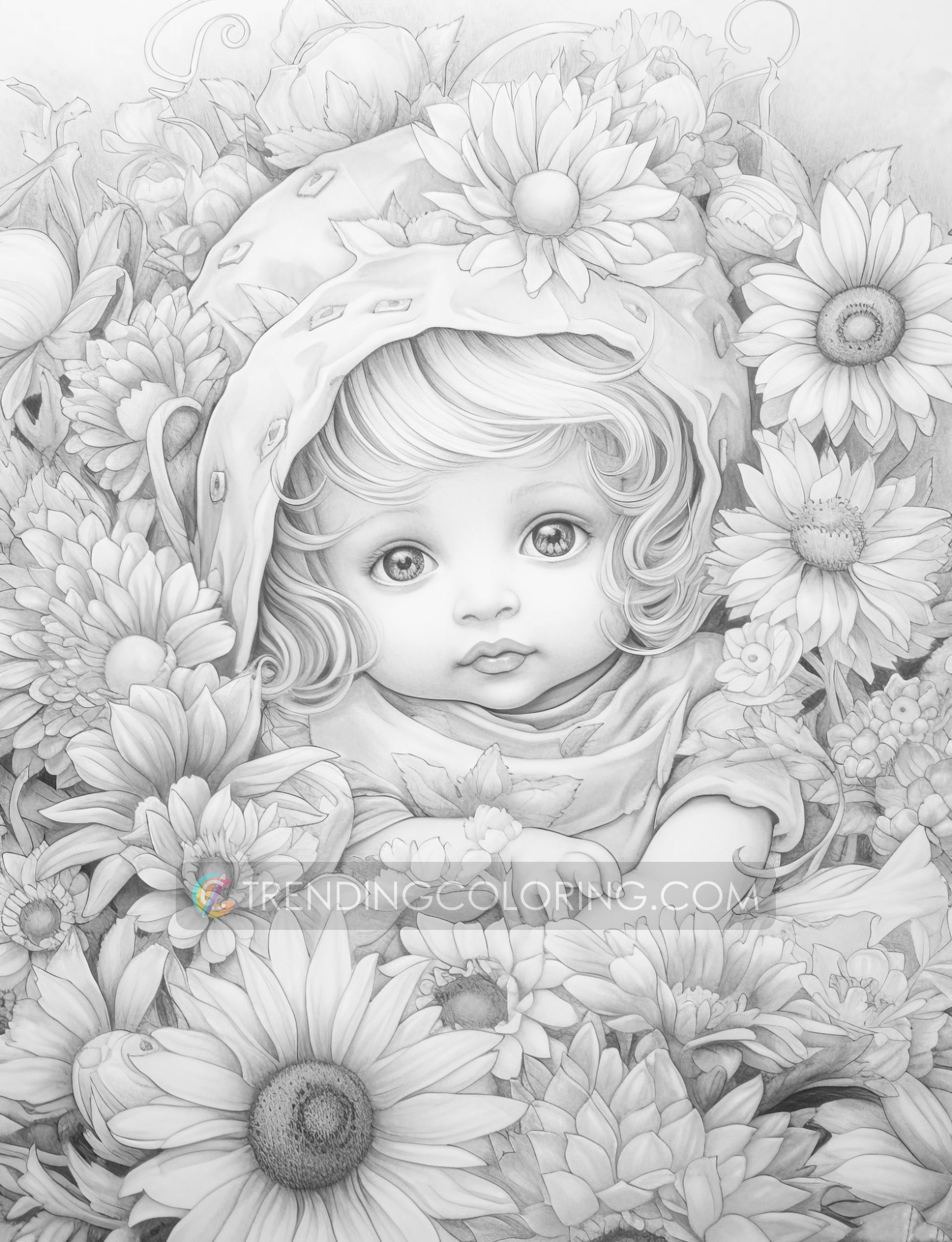 25 Adorable Flower Baby Grayscale Coloring Pages - Instant Download - Printable PDF Dark/Light – preview 7