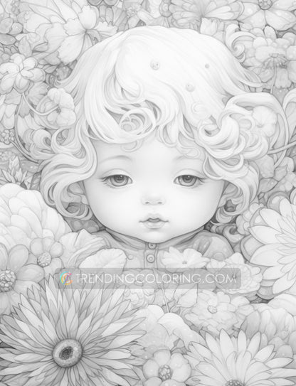 25 Adorable Flower Baby Grayscale Coloring Pages - Instant Download - Printable PDF Dark/Light – preview 8