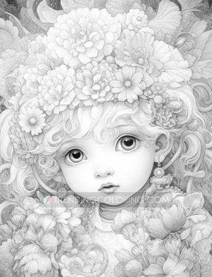 25 Adorable Flower Baby Grayscale Coloring Pages - Instant Download - Printable PDF Dark/Light – preview 9