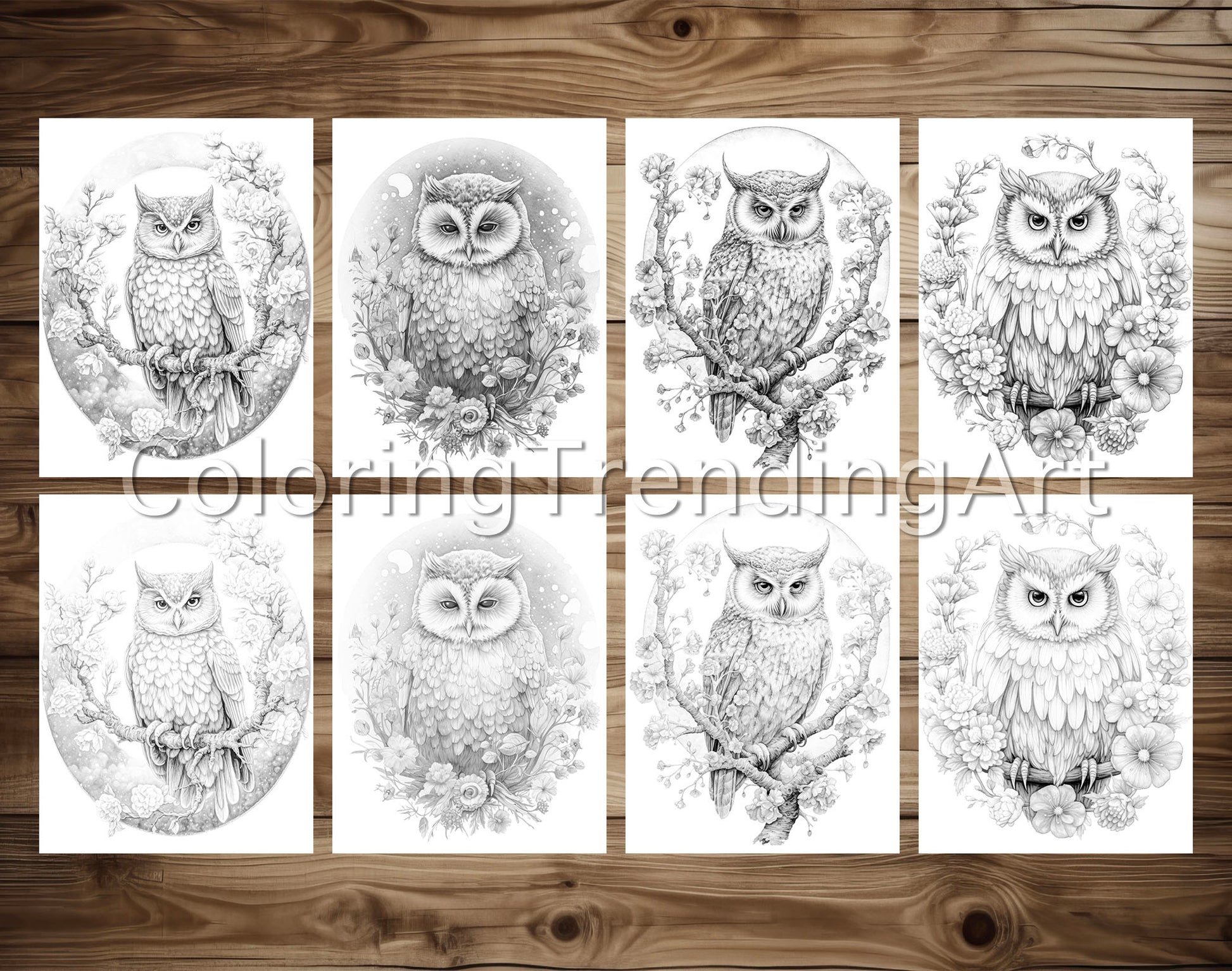 25 Adorable Flower Owls Grayscale Coloring Pages, Instant Download, Printable PDF Dark/Light – preview 3