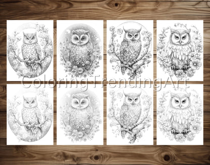 25 Adorable Flower Owls Grayscale Coloring Pages, Instant Download, Printable PDF Dark/Light – preview 3