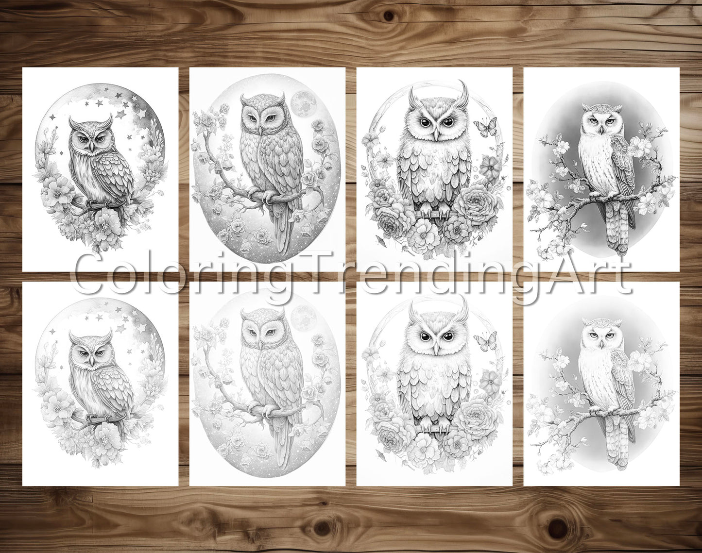 25 Adorable Flower Owls Grayscale Coloring Pages, Instant Download, Printable PDF Dark/Light – preview 4