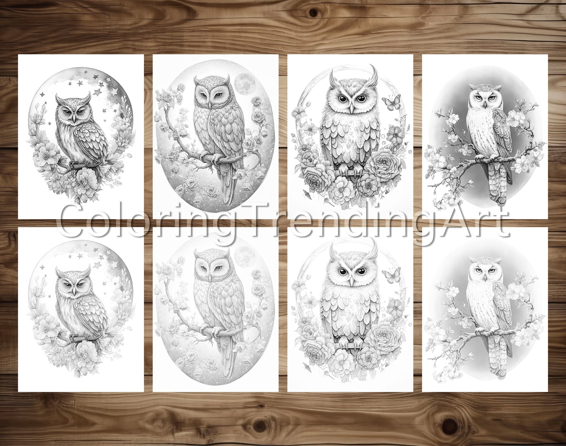 25 Adorable Flower Owls Grayscale Coloring Pages, Instant Download, Printable PDF Dark/Light – preview 4