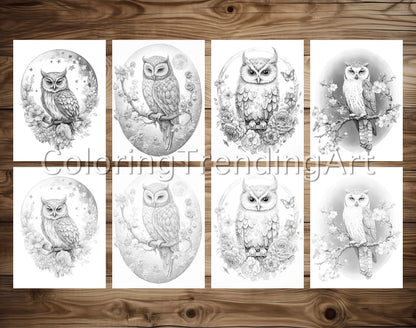 25 Adorable Flower Owls Grayscale Coloring Pages, Instant Download, Printable PDF Dark/Light – preview 4
