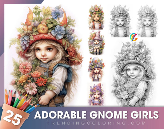25 Adorable Gnome Girls Grayscale Coloring Pages - Instant Download - Printable PDF Dark/Light