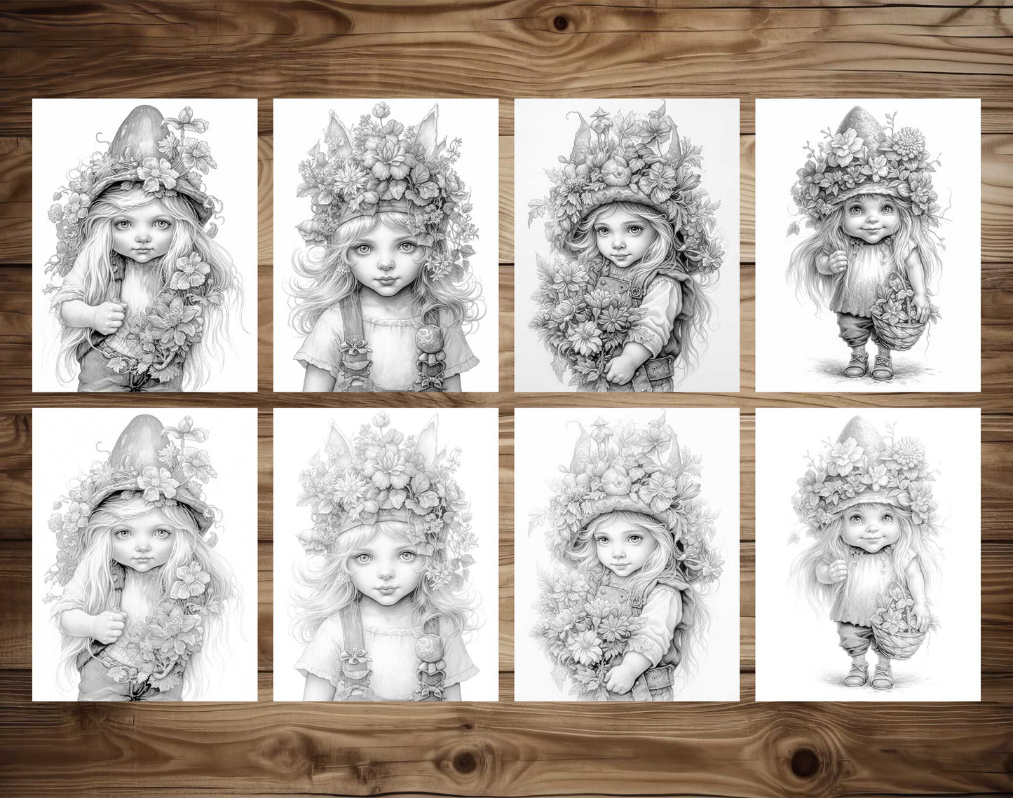 25 Adorable Gnome Girls Grayscale Coloring Pages - Instant Download - Printable PDF Dark/Light – preview 3