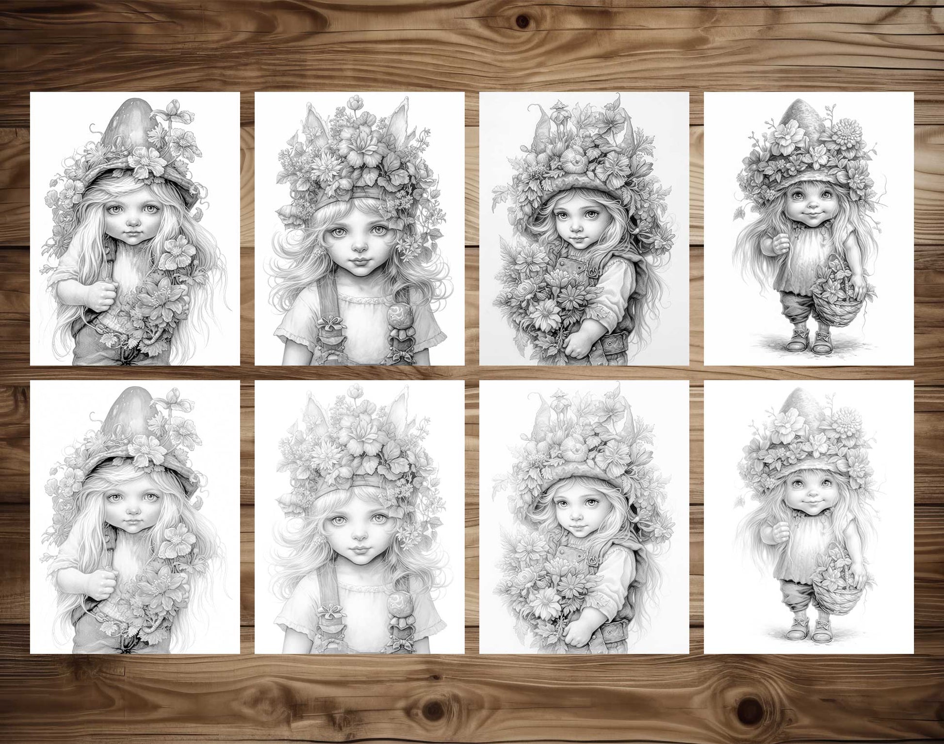 25 Adorable Gnome Girls Grayscale Coloring Pages - Instant Download - Printable PDF Dark/Light – preview 3