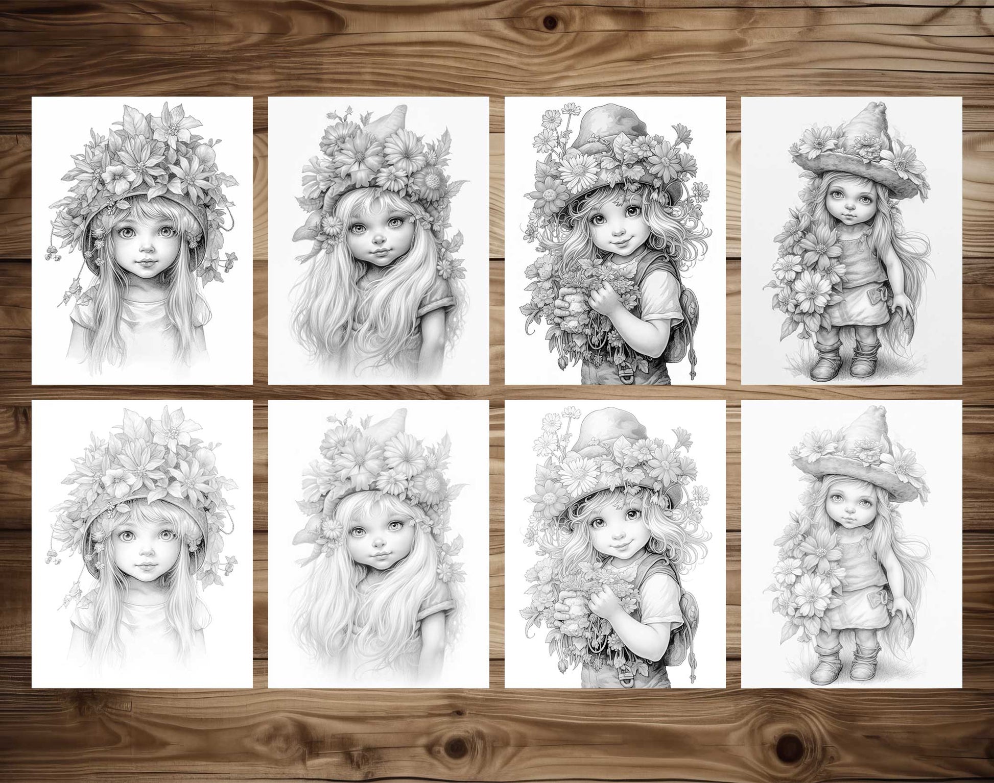 25 Adorable Gnome Girls Grayscale Coloring Pages - Instant Download - Printable PDF Dark/Light – preview 4