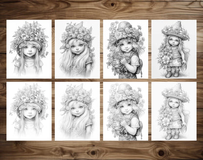 25 Adorable Gnome Girls Grayscale Coloring Pages - Instant Download - Printable PDF Dark/Light – preview 4