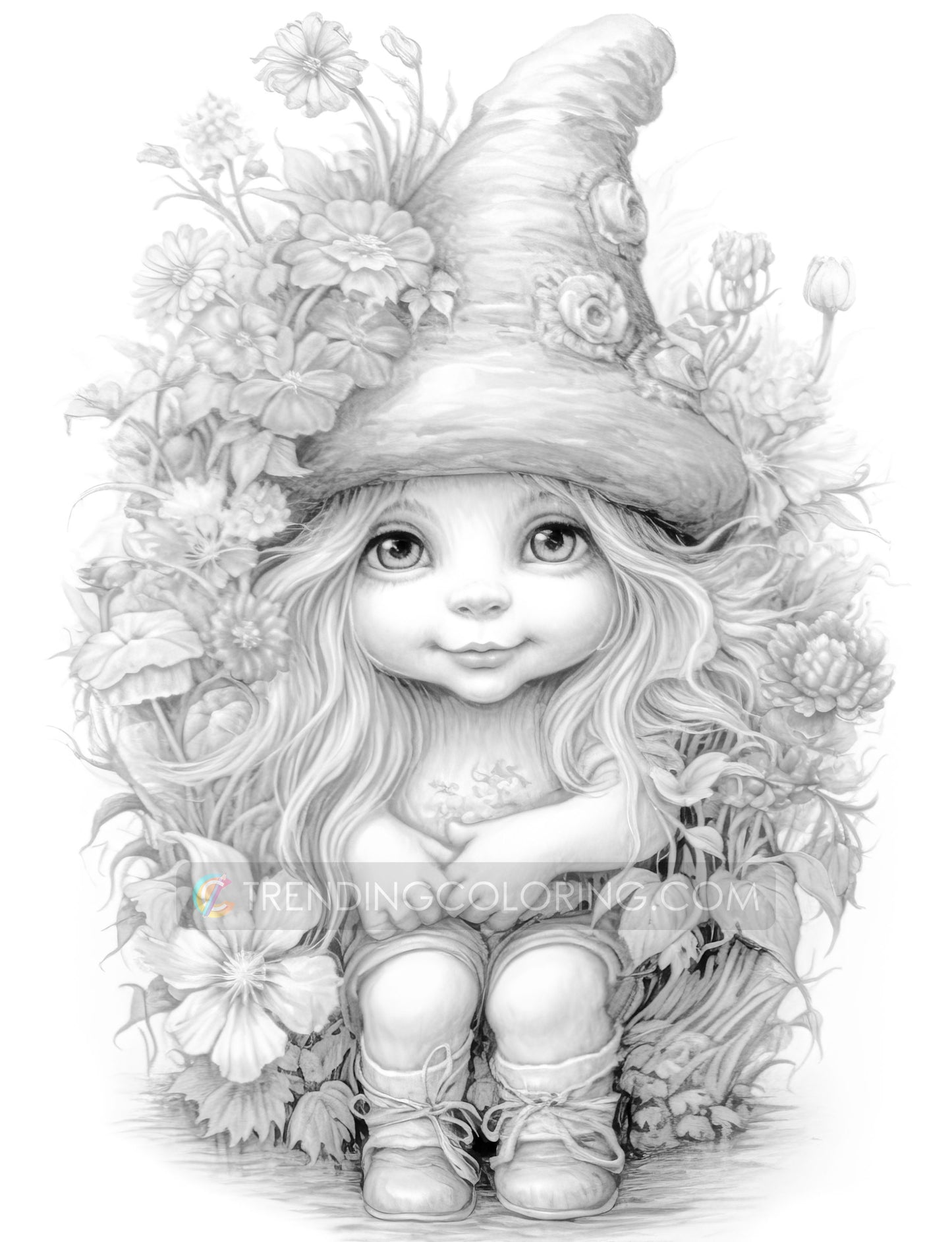 25 Adorable Gnome Girls Grayscale Coloring Pages - Instant Download - Printable PDF Dark/Light – preview 5