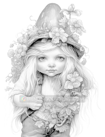 25 Adorable Gnome Girls Grayscale Coloring Pages - Instant Download - Printable PDF Dark/Light – preview 6