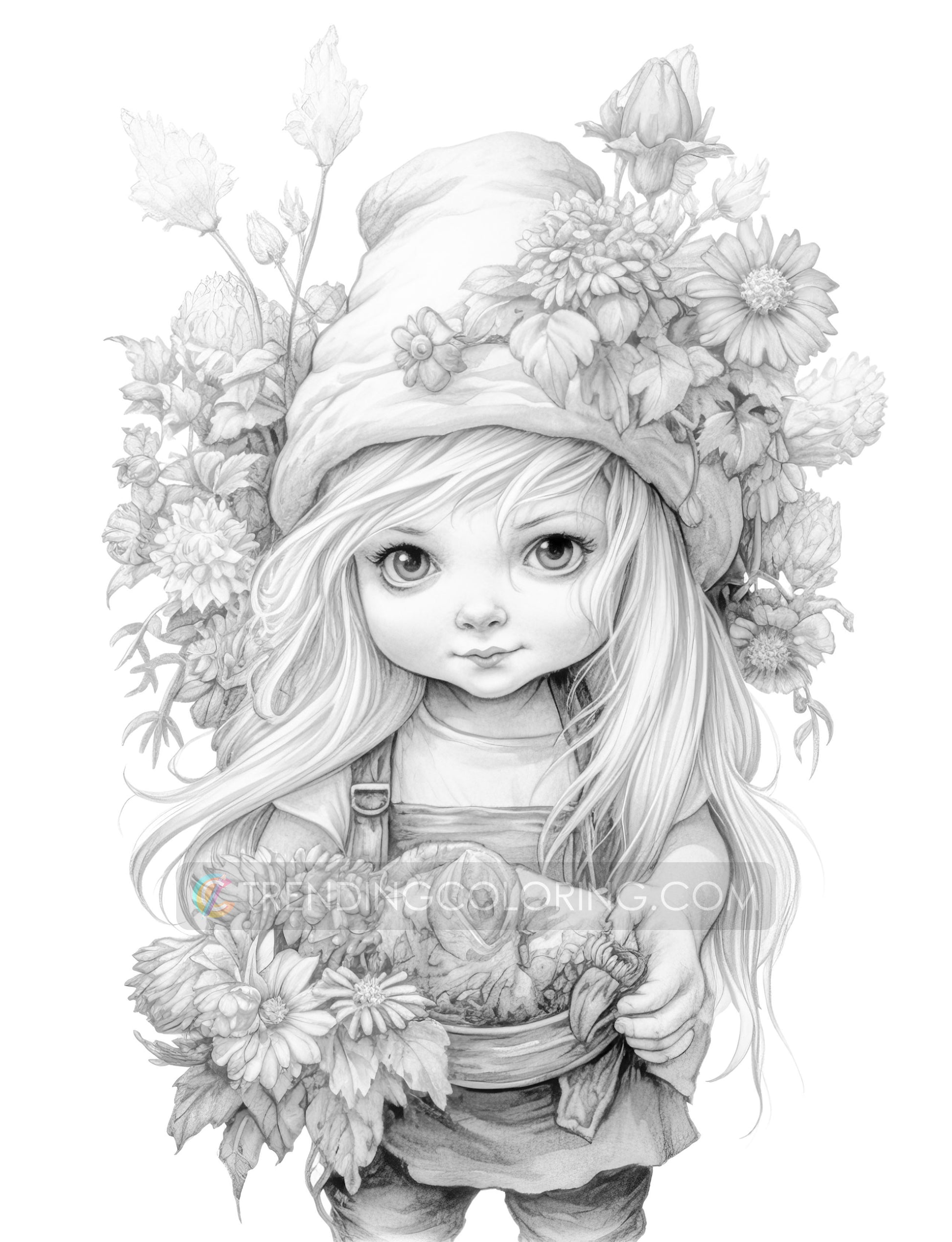 25 Adorable Gnome Girls Grayscale Coloring Pages - Instant Download - Printable PDF Dark/Light – preview 9