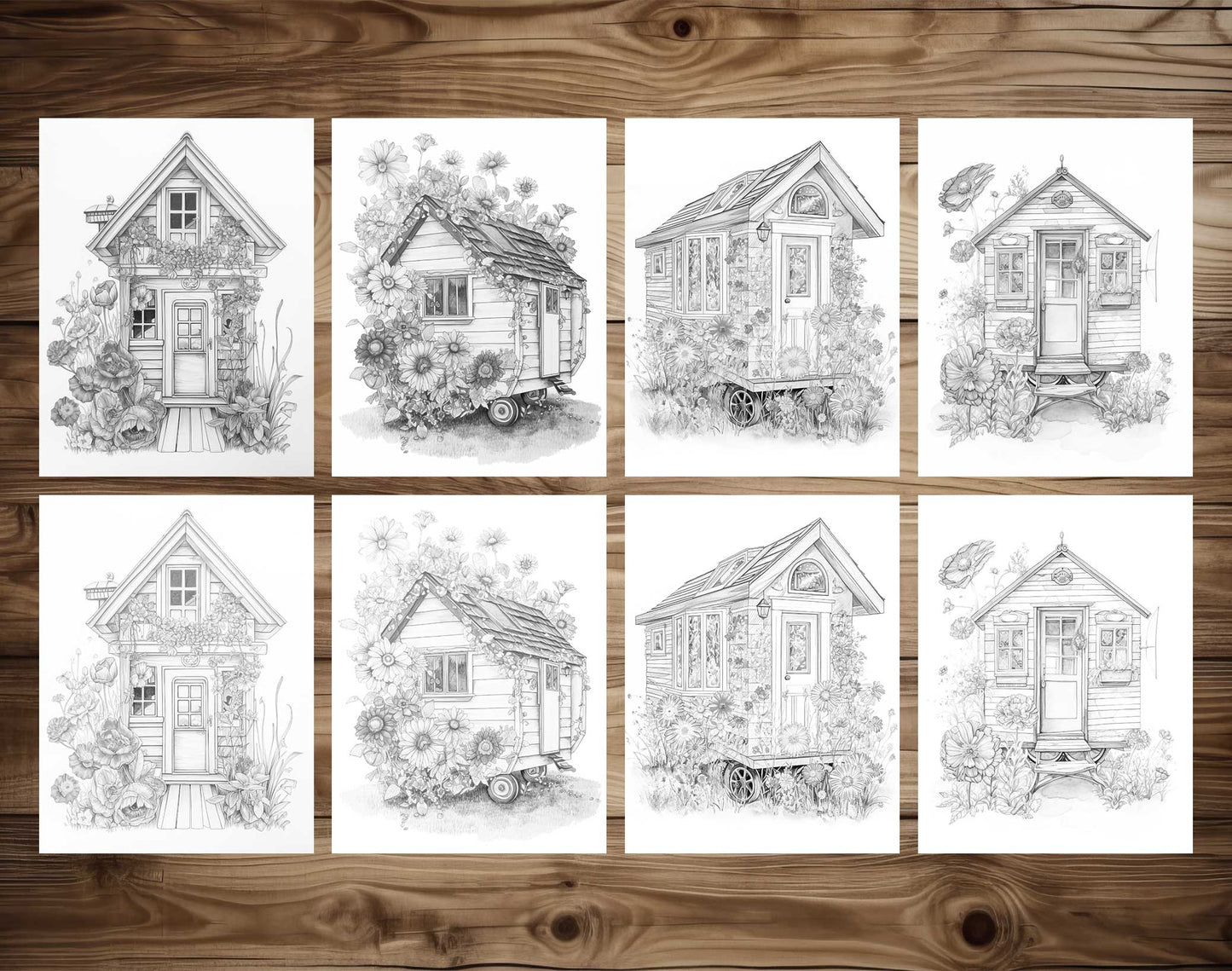 25 Adorable Mini Houses Grayscale Coloring Pages - Instant Download - Printable PDF – preview 3