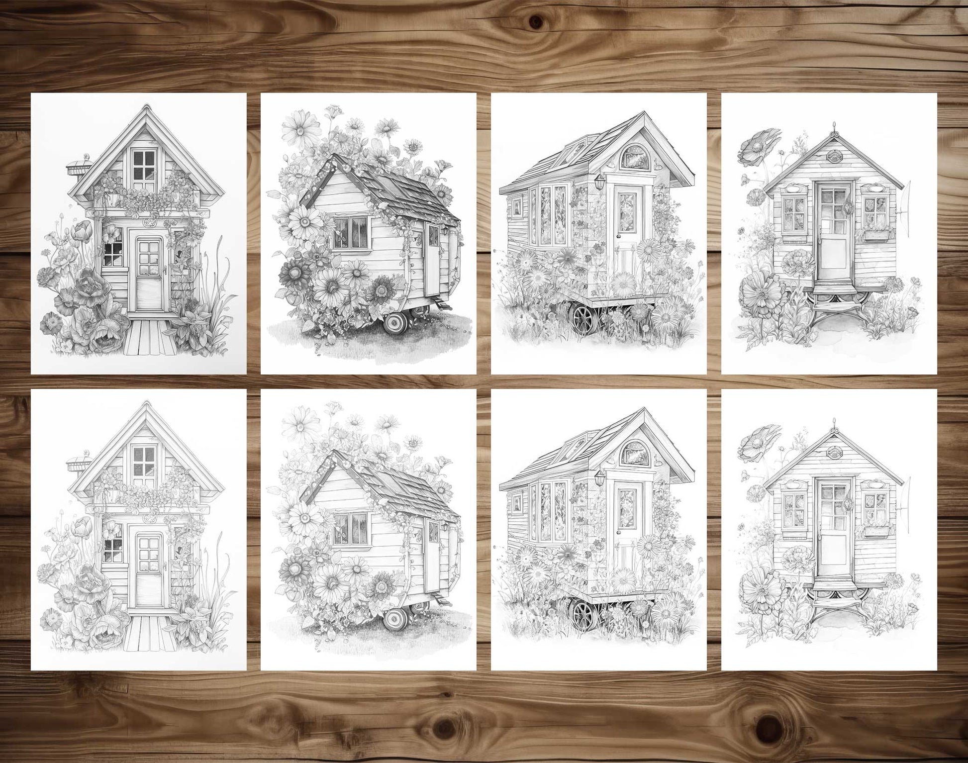 25 Adorable Mini Houses Grayscale Coloring Pages - Instant Download - Printable PDF – preview 3