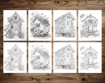 25 Adorable Mini Houses Grayscale Coloring Pages - Instant Download - Printable PDF – preview 3