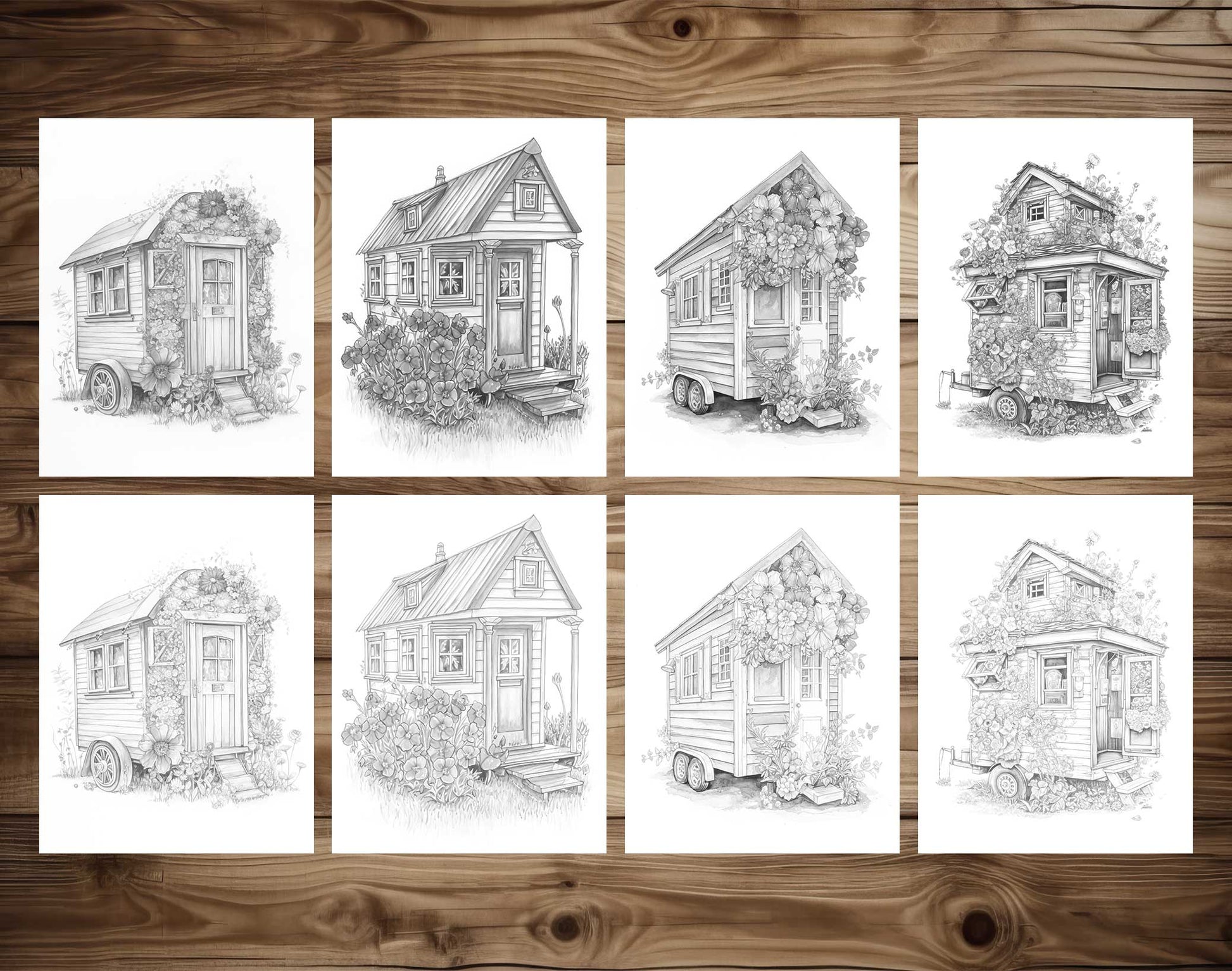 25 Adorable Mini Houses Grayscale Coloring Pages - Instant Download - Printable PDF – preview 4