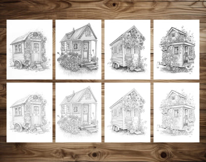 25 Adorable Mini Houses Grayscale Coloring Pages - Instant Download - Printable PDF – preview 4