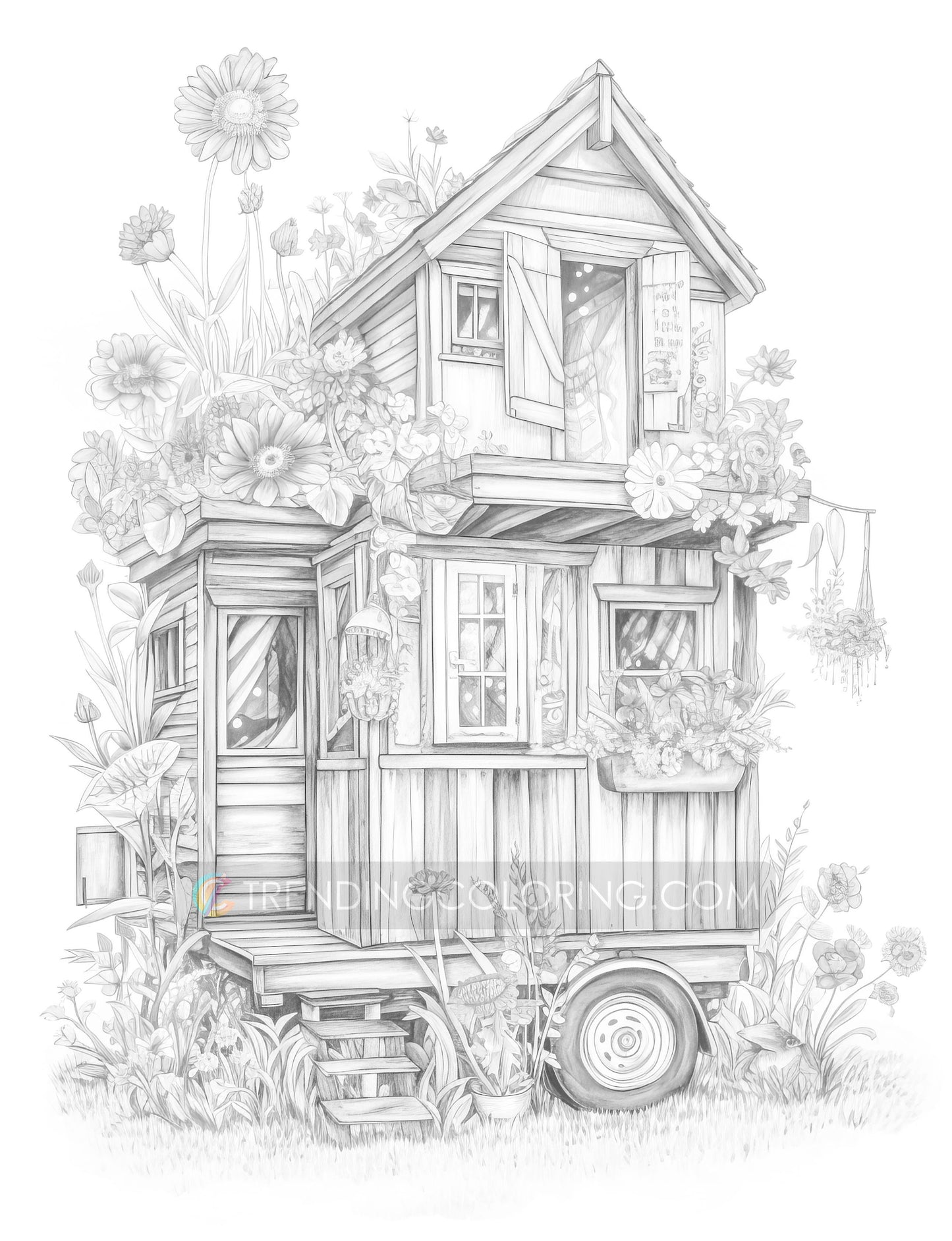 25 Adorable Mini Houses Grayscale Coloring Pages - Instant Download - Printable PDF – preview 5