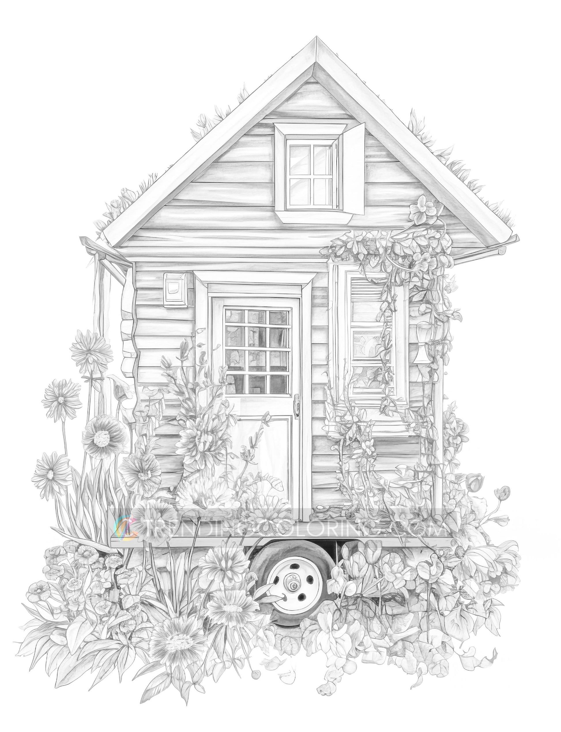 25 Adorable Mini Houses Grayscale Coloring Pages - Instant Download - Printable PDF – preview 6
