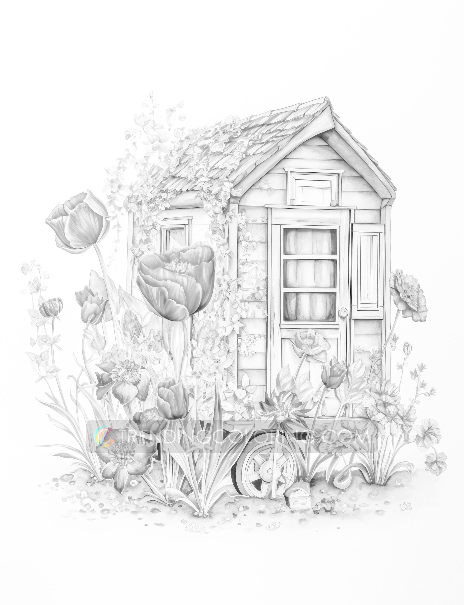 25 Adorable Mini Houses Grayscale Coloring Pages - Instant Download - Printable PDF – preview 7