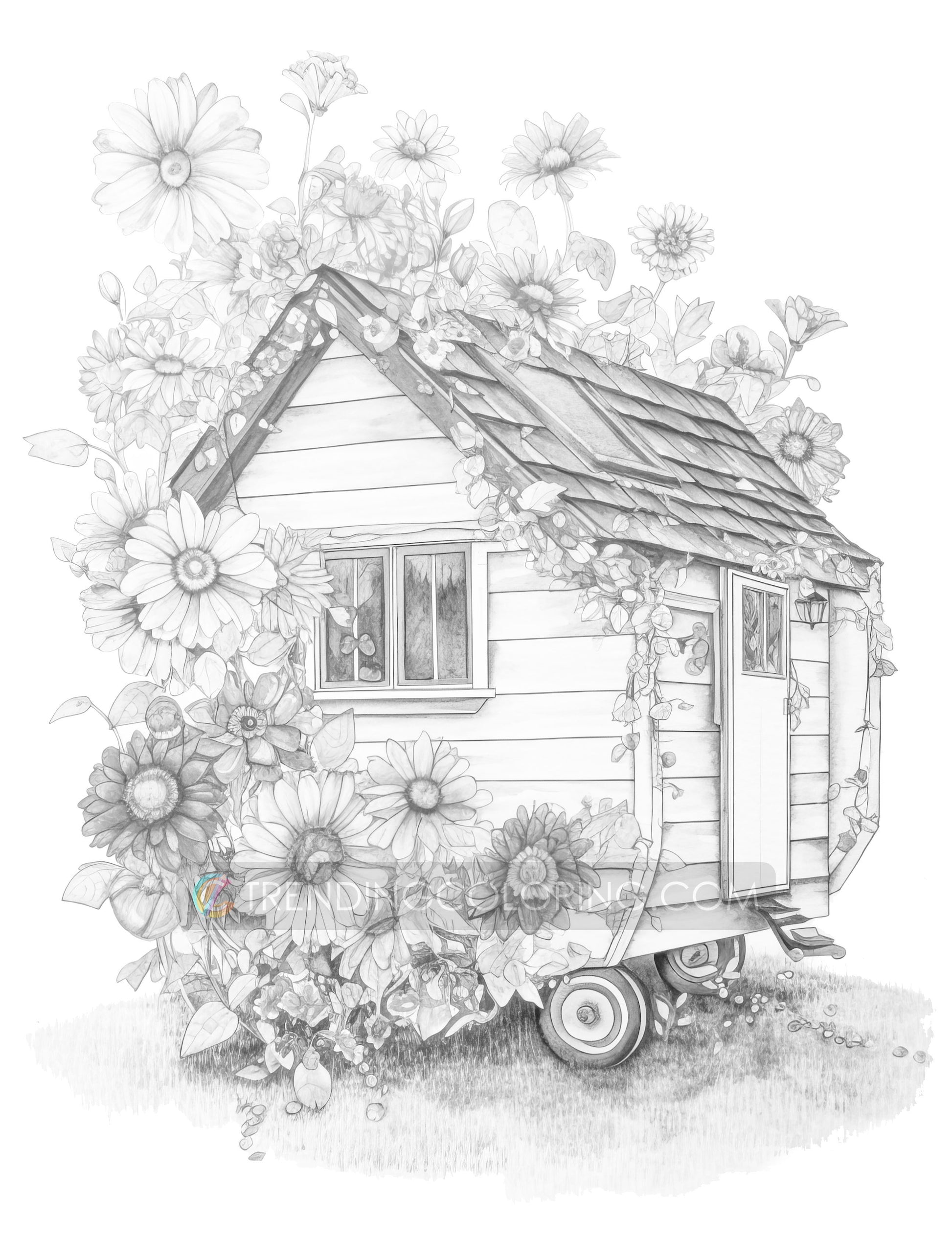 25 Adorable Mini Houses Grayscale Coloring Pages - Instant Download - Printable PDF – preview 9
