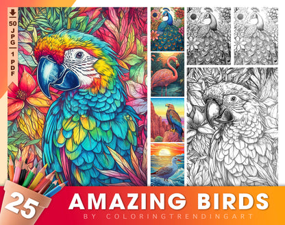 25 Amazing Birds Grayscale Coloring Pages - Instant Download - Printable PDF