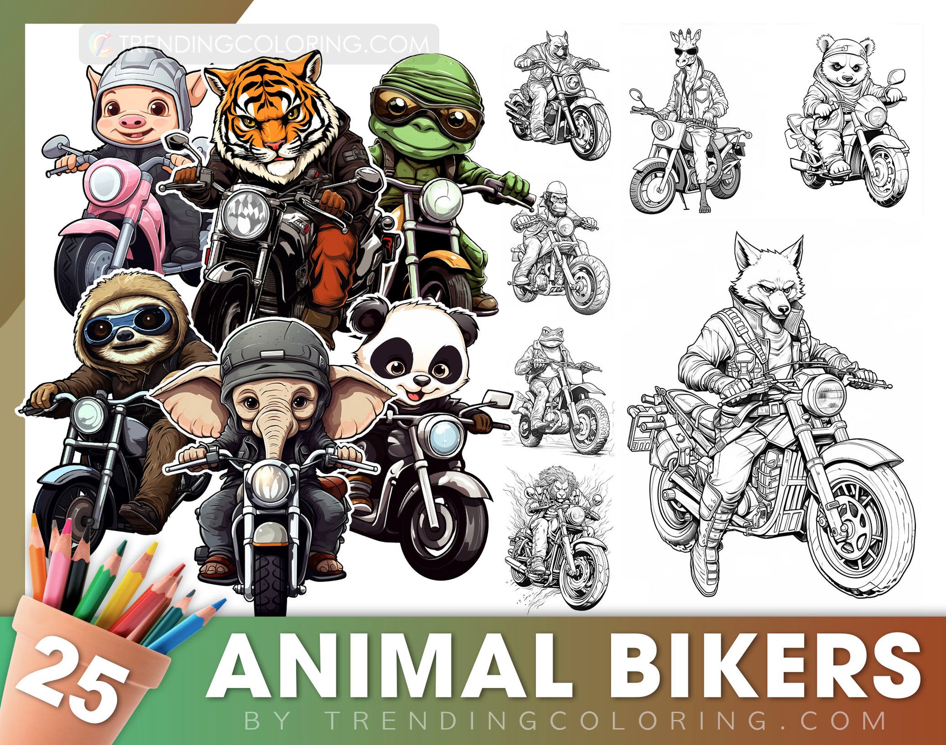 25 Animal Bikers Grayscale Coloring Pages - Instant Download - Printable PDF