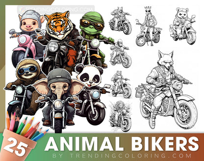 25 Animal Bikers Grayscale Coloring Pages - Instant Download - Printable PDF